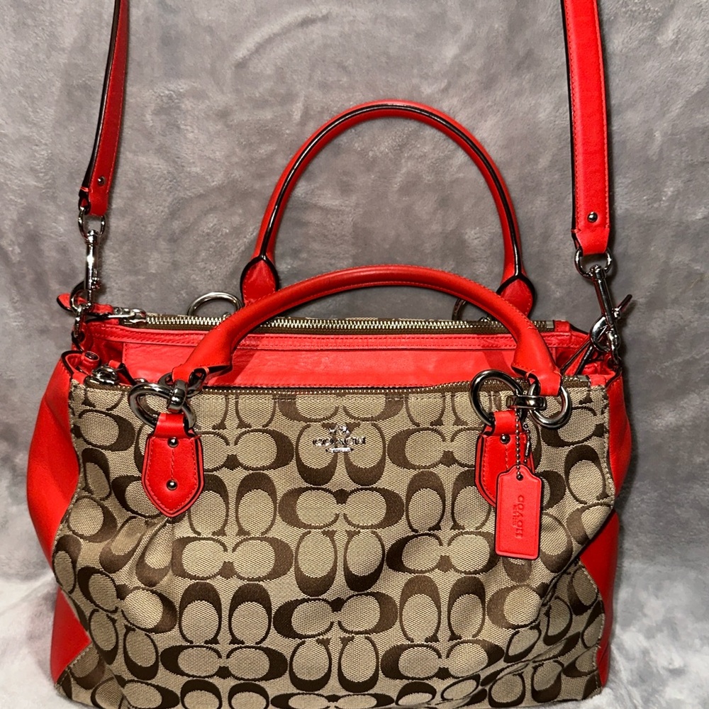 Vintage Coach handbag, Red leather and Brown, tan iconic logo print.